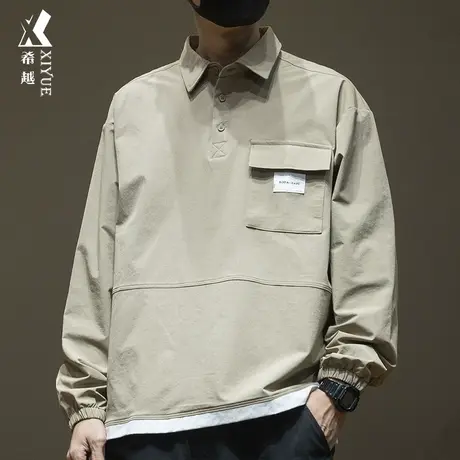 希越冰丝速干长袖Polo衫男假两件工装衬衣秋冬宽松大码休闲男款薄商品大图