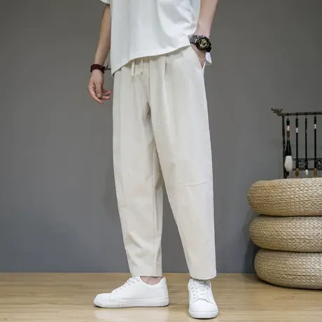 亚麻裤男夏季薄款冰丝九分裤直筒宽松运动棉麻休闲裤大码男士裤子商品大图