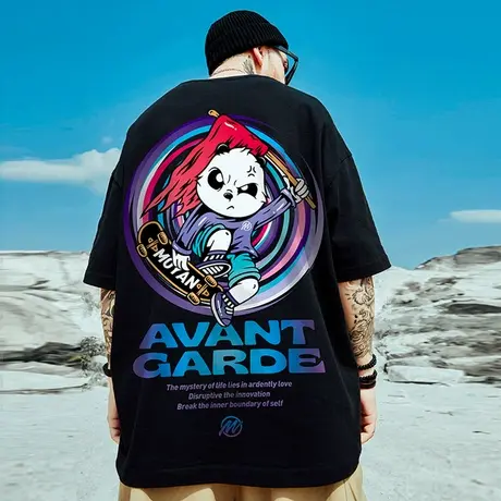 港风街头熊猫夏季胖子短袖T恤男装宽松加肥加大半袖体恤男ins潮流商品大图