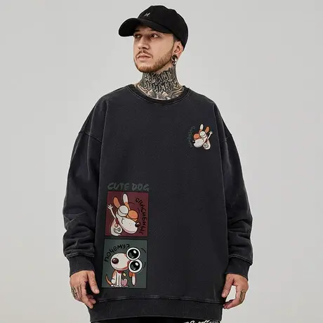 oversize港风圆领卫衣男潮牌ins重磅大码男装春秋季加绒复古做旧图片