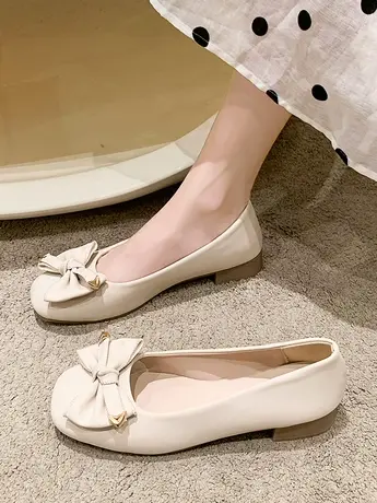 法式温柔蝴蝶结方头浅口单鞋女2023新款一脚蹬低跟豆豆鞋春秋瓢鞋图片