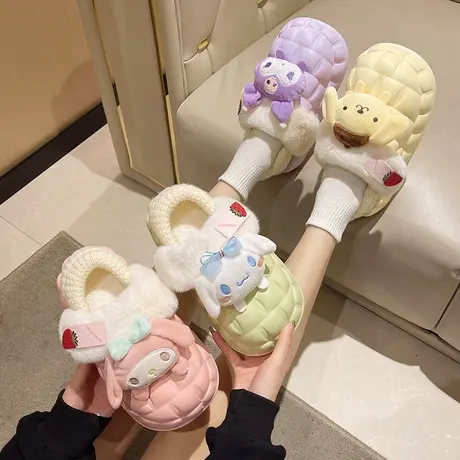 可拆卸棉拖鞋女包跟冬季防水毛毛加绒保暖可爱厚底面包月子鞋外穿图片