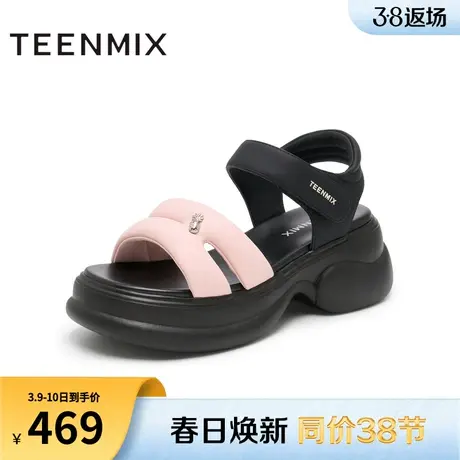 天美意一字带休闲厚底凉鞋女外穿沙滩坡跟凉鞋夏新款CME34BL4图片