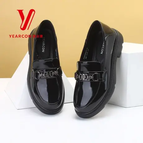 意尔康乐福鞋女英伦风2023春新款黑色圆头亮面单鞋厚底时尚小皮鞋图片