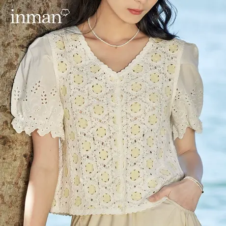 茵曼旗舰店法式v领针织开衫女2023夏季新款设计感小众泡泡袖上衣商品大图