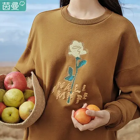 茵曼套头卫衣女2023新款秋冬季加绒无帽加厚外套上衣短款小众宽松图片