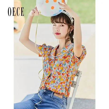 Oece复古碎花衬衫夏装新款女装法式甜美气质春泡泡袖短袖上衣商品大图