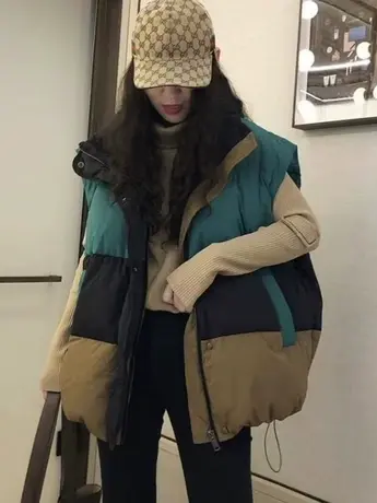 欧货时尚撞色面包服宽松羽绒马夹冬季加厚白鸭绒马甲女拼色外套潮商品大图