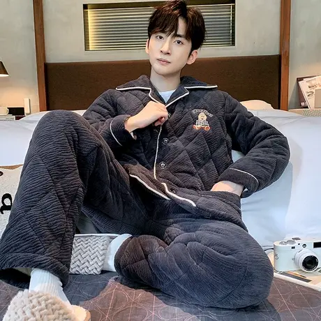 睡衣男秋冬季珊瑚绒加绒加厚三层夹棉法兰绒套装家居服套装可外穿商品大图