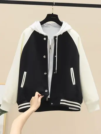 美式复古棒球服外套女2023年新款春秋韩版宽松百搭连帽夹克上衣潮商品大图