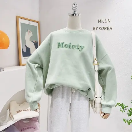 ins字母亮片圆领长袖上衣2022秋季新款韩版设计感卫衣休闲女大码商品大图