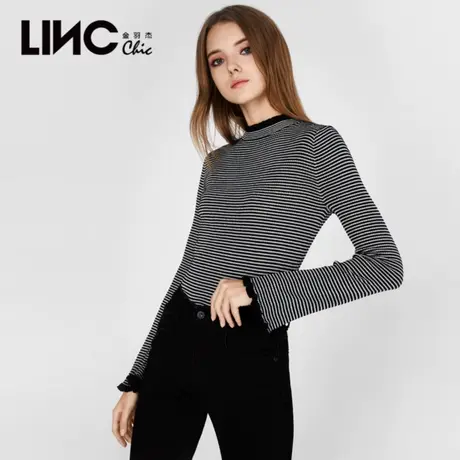 断码清仓LINC金羽杰2023秋新款小樽领条纹修身短款长袖套头毛衣女图片
