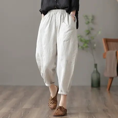 dza 高腰显瘦薄款九分棉麻裤子女士夏季显瘦休闲裤宽松阔腿亚麻裤图片