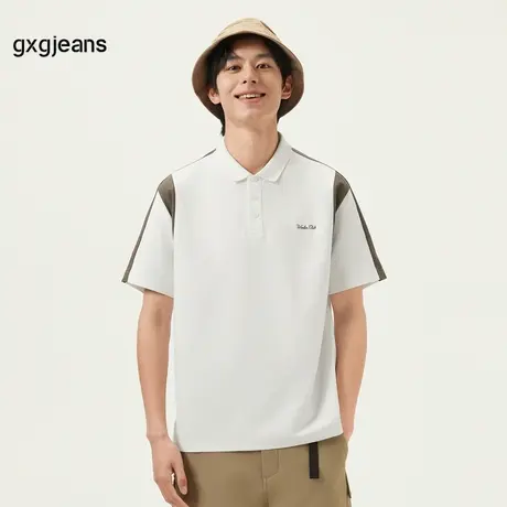 gxg.jeans男装 白色撞色拼接时尚短袖翻领POLO衫男 25年夏季新款图片