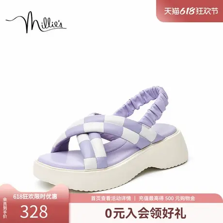 预售millie's妙丽夏季时尚棋盘交叉羊皮厚底女凉鞋SFE06BL2商品大图