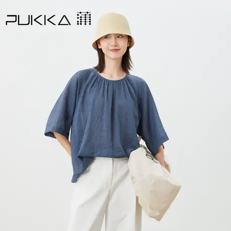 蒲PUKKA 原创设计2023夏季新品苎麻宽松娃娃款圆领法式短袖上衣图片