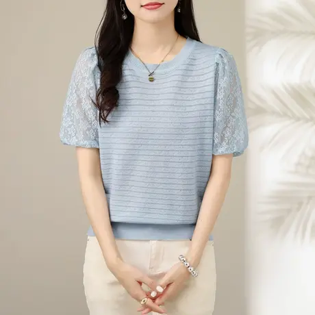 法式小香风蕾丝泡泡袖薄款上衣女夏季洋气套头圆领宽松短袖针织衫商品大图