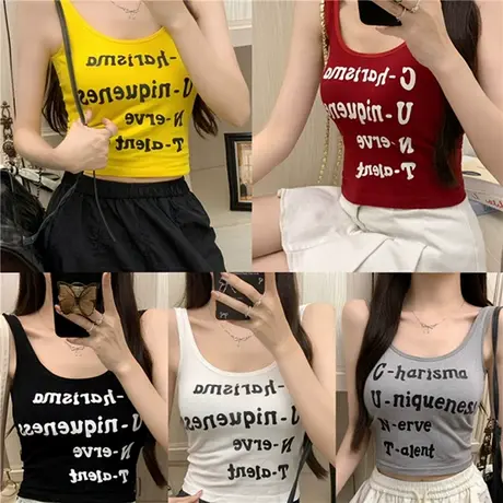 美式甜辣字母印花方领工字吊带背心女夏季短款美背上衣外穿带胸垫图片
