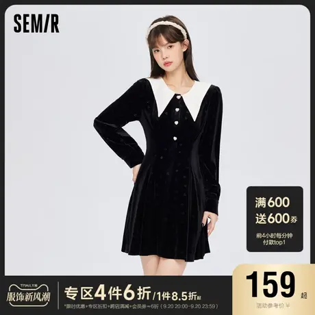 森马连衣裙女丝绒爱心撞色大翻领2023冬季裙子修身长袖小黑裙甜酷图片