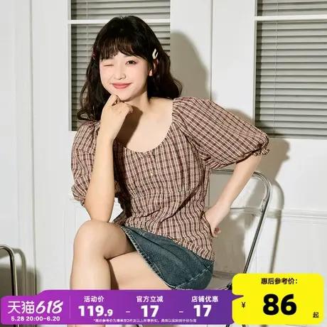 唐狮2024春夏新款短袖格纹衬衫女圆领格子衫泡泡袖收腰款复古上衣商品大图