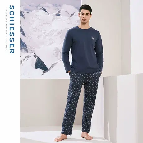SCHIESSER舒雅秋冬男士纯棉软糯亲肤透气圆领睡衣家居服套装商品大图