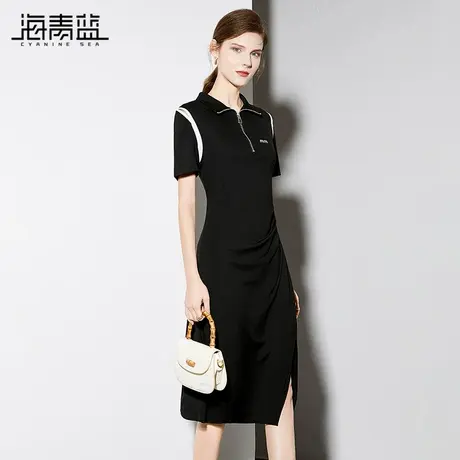 海青蓝时尚翻领拉链休闲连衣裙女2024夏季新款黑色显瘦开叉中长裙图片