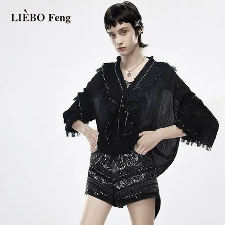 裂帛LIEBOFeng2023秋季新品chic复古V领法式时髦黑色显瘦雪纺衫女图片