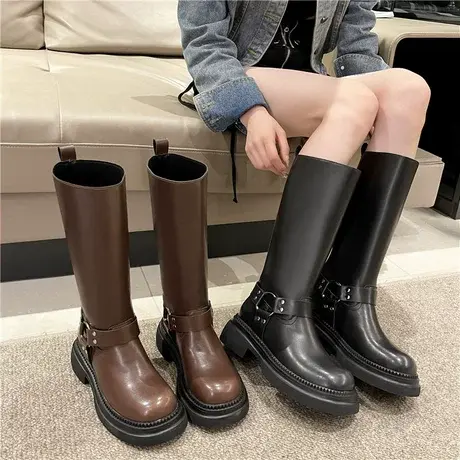 长筒靴女2023新款春秋厚底皮带扣瘦瘦靴高筒骑士靴辣妹小个子长靴图片