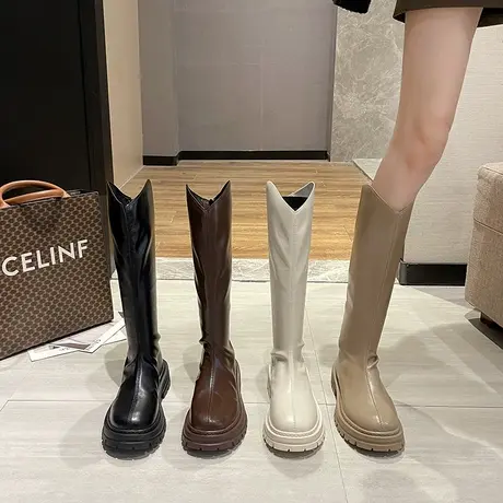 粗跟厚底长靴女2023秋冬新款不过膝显瘦V口小个子高筒靴子骑士靴商品大图