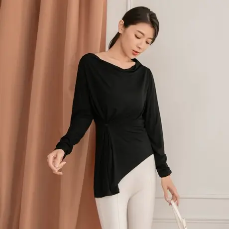 桔熊春秋季简约舒适收腰不对称下摆t恤中长款上衣女大码AB16250图片