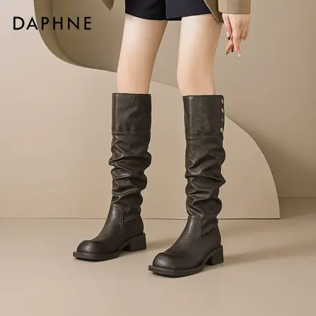 达芙妮美拉德长筒靴女2025新款秋冬褶皱复古骑士靴加绒棕色堆堆靴商品大图