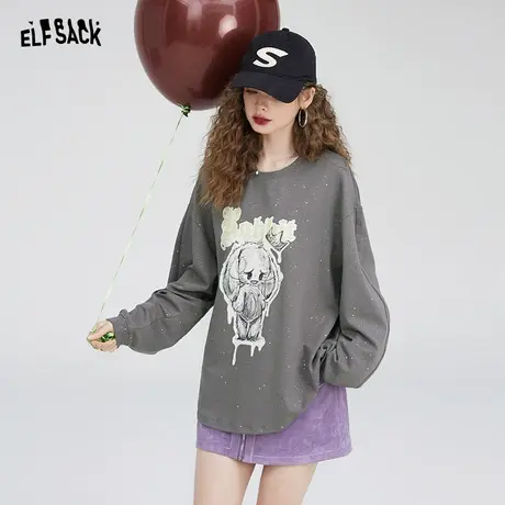 妖精的口袋灰色无帽卫衣女2023秋季新款亮片宽松长袖运动休闲上衣图片