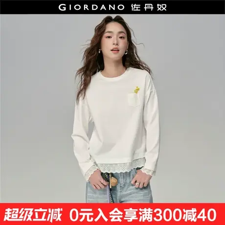 设计师款佐丹奴假两件T恤女新款长袖蕾丝花边拼接上衣女18325819商品大图