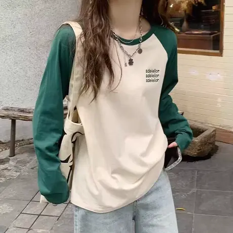 ins超火撞色长袖T恤女春秋装宽松显瘦百搭韩版字母印花插肩袖上衣图片