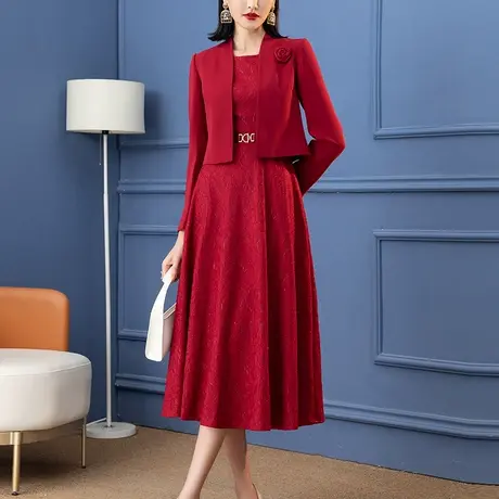 喜婆婆婚宴春秋套装2023年新款气质修身蕾丝中年喜妈妈红色两件套商品大图