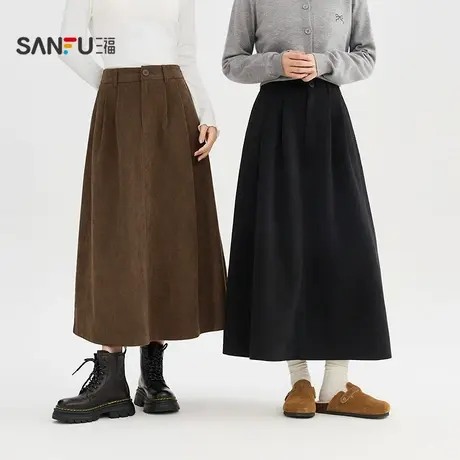 #三福长裙2025冬季半橡筋腰收褶前腰灯芯绒裙子女装506908图片
