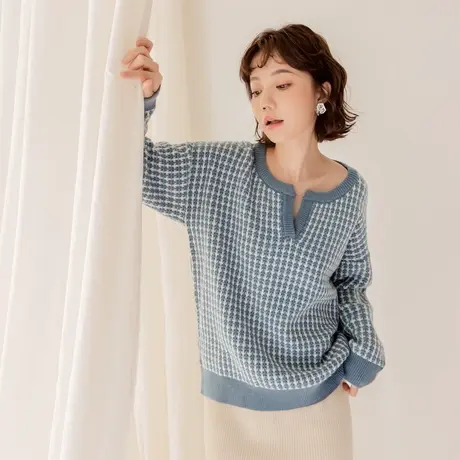 桔熊秋冬季甜美ol双色格子针织衫保暖蓬松毛衣女胖妹妹大码FA2639图片