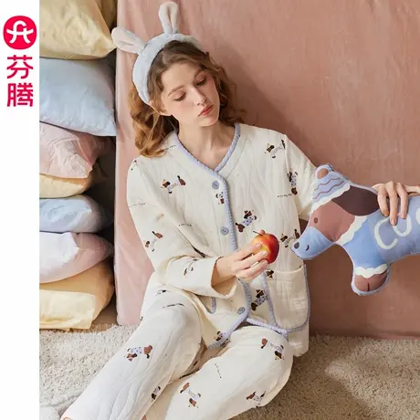 芬腾秋冬季睡衣女空气棉夹层加厚纯棉长袖卡通可爱保暖家居服套装商品大图