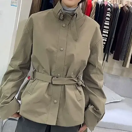 休闲立领风衣女2025秋季新款宽松系带收腰显瘦百搭单排扣短外套女商品大图