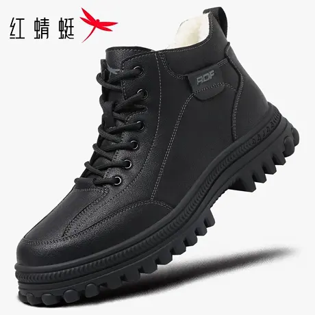 红蜻蜓男鞋冬季新款鞋子男士高帮工装马丁靴男真皮加绒加厚棉鞋黑商品大图