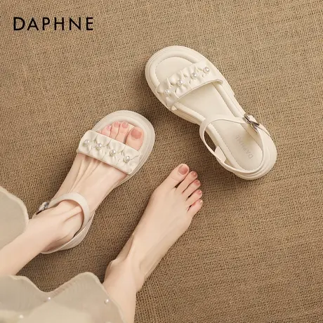 达芙妮厚底凉鞋女2026新款春夏季露趾一字带沙滩鞋增高珍珠松糕鞋图片