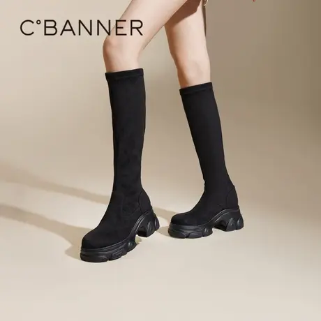 千百度厚底增高弹力靴袜靴女百搭冬季气质瘦瘦靴骑士高筒长靴显瘦图片