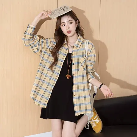 唐狮新款长袖衬衫女黄色格子撞色翻领气质百搭休闲上衣blTM商品大图