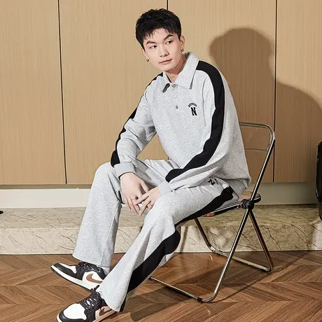 唐狮春季款运动套装男户外拼接polo领灰色套装商务休闲宽松外套TD图片