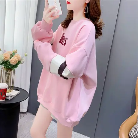 设计感拼色圆领卫衣女春装2023年新款韩版宽松洋气百搭休闲外套潮图片