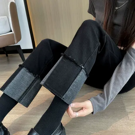 黑色直筒牛仔裤女秋冬新款高腰宽松显瘦毛边卷边九分小个子烟管裤商品大图