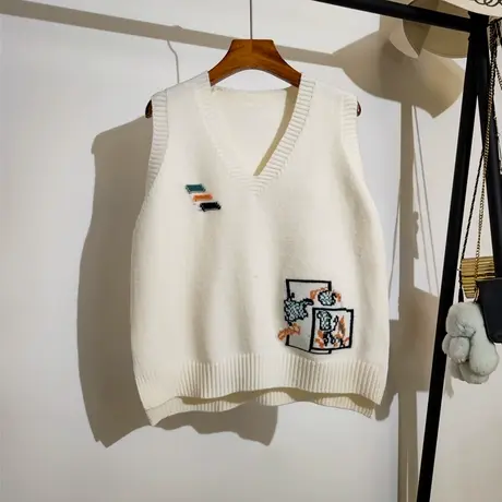 学院风针织马甲背心女秋冬新款韩版v领叠穿无袖毛衣坎肩宽松外搭商品大图
