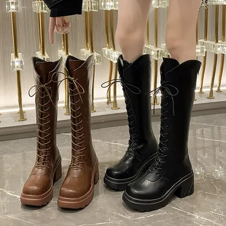复古方头粗跟骑士靴女2023新款欧美高跟不过膝长靴高筒系带马丁靴商品大图