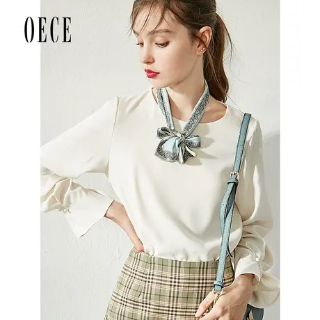 Oece春装新款女装 优雅清新简约气质圆领雪纺衫长袖衬衣上衣商品大图