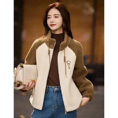 时尚气质外套2023年冬季新款立领拼接撞色百搭通勤休闲皮草上衣图片